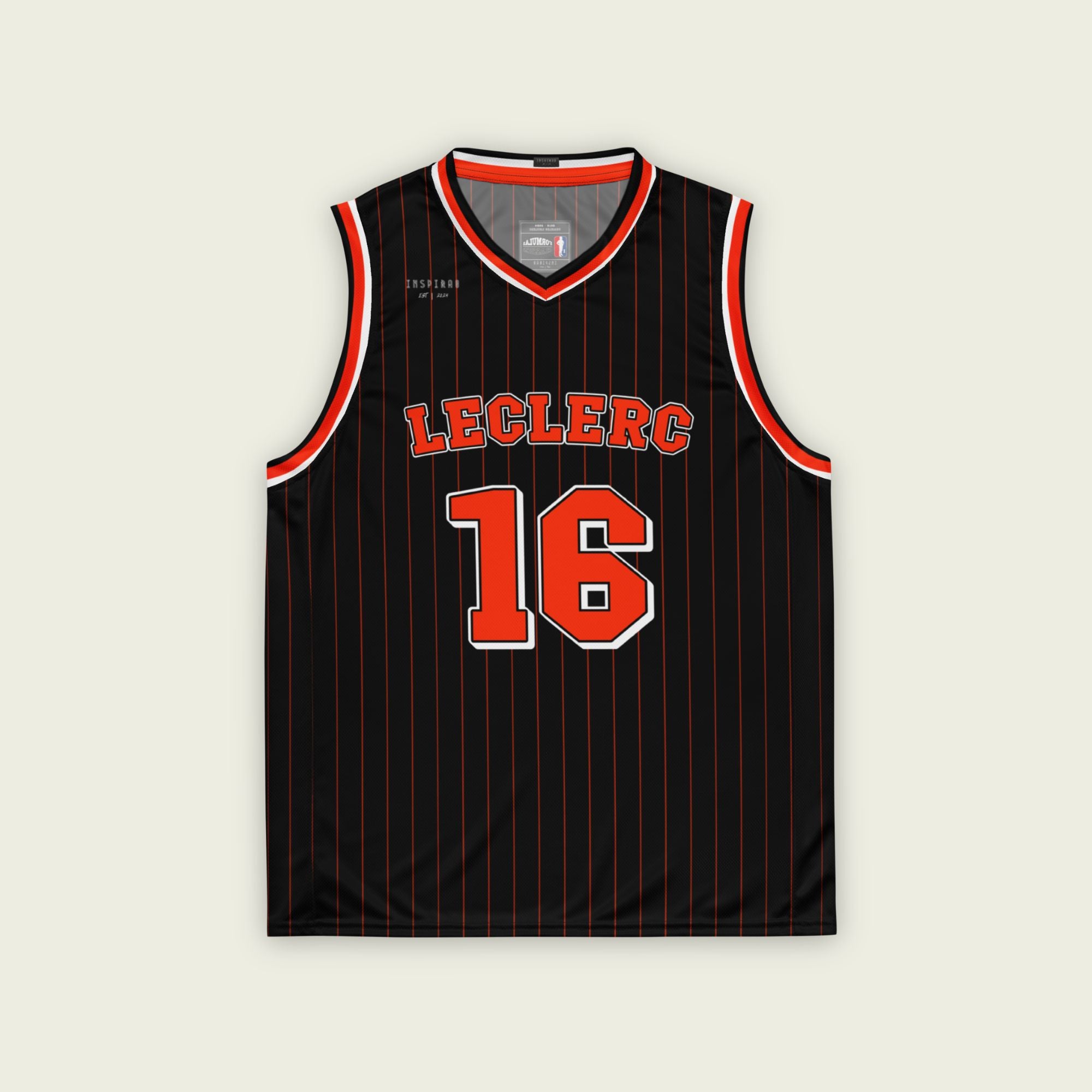 A black basketball Jersey with red pinstripes. it has Charles Leclerc's Ferrari F1 racing number 16 on the front and back in red, with the name Leclerc on the front and back as well in red.