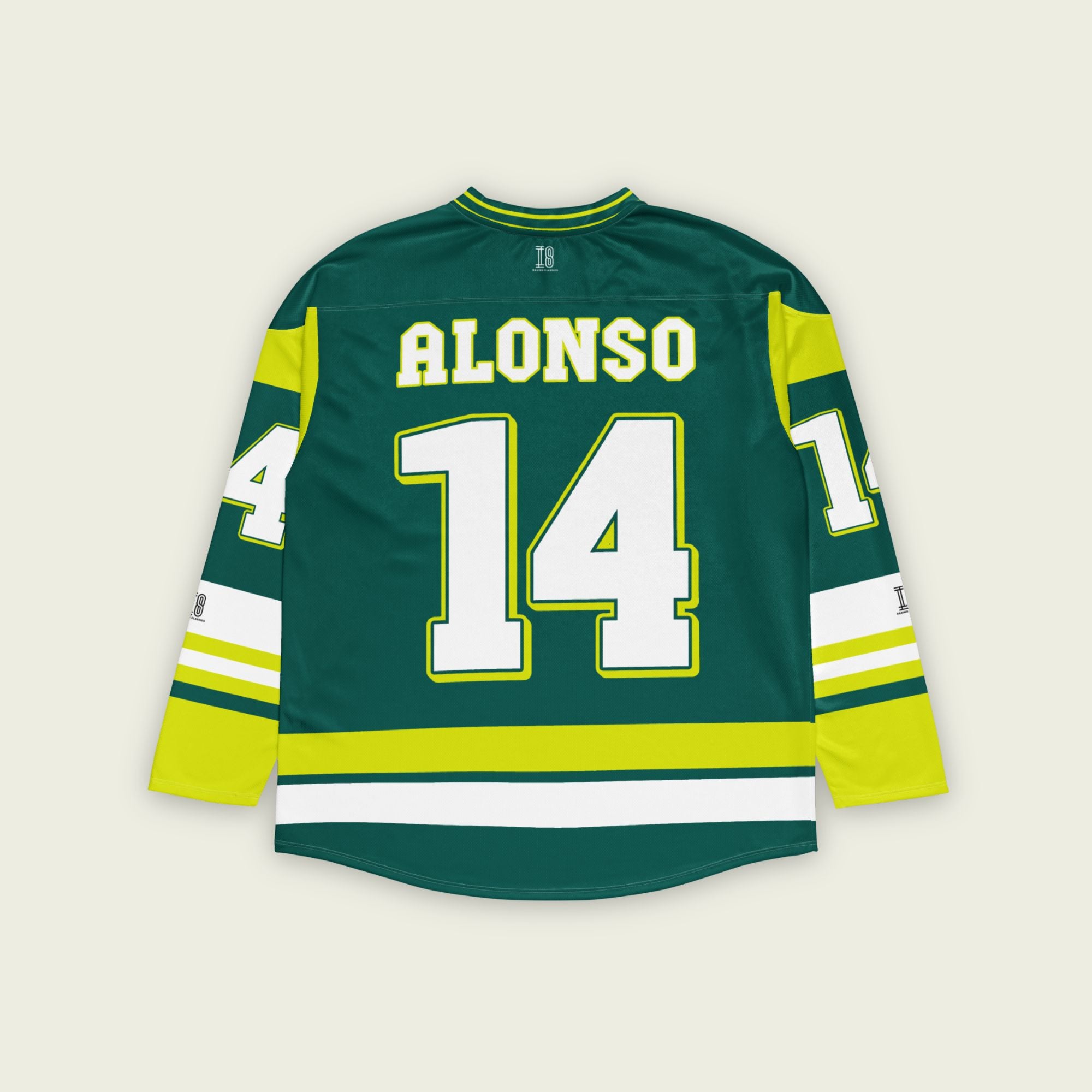 A British Green hockey jersey with Fernando Alonso's Aston Martin F1 racing number 14 in white on the front and back. It has the name Alonso on the back and front in white as well.