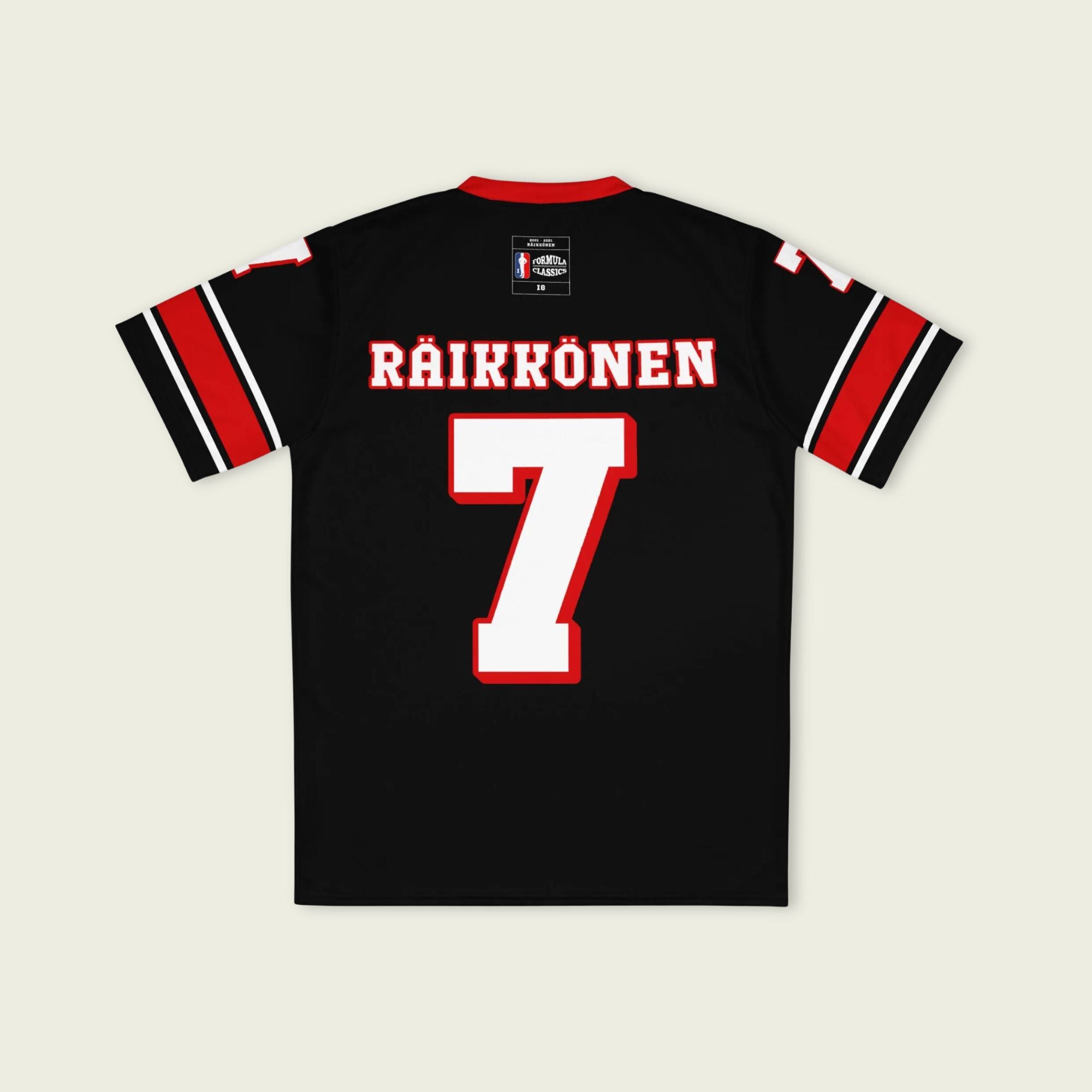 A black and red football jersey with Kimi Raikkonen's Ferrari F1 Racing number 7 on the front and back.