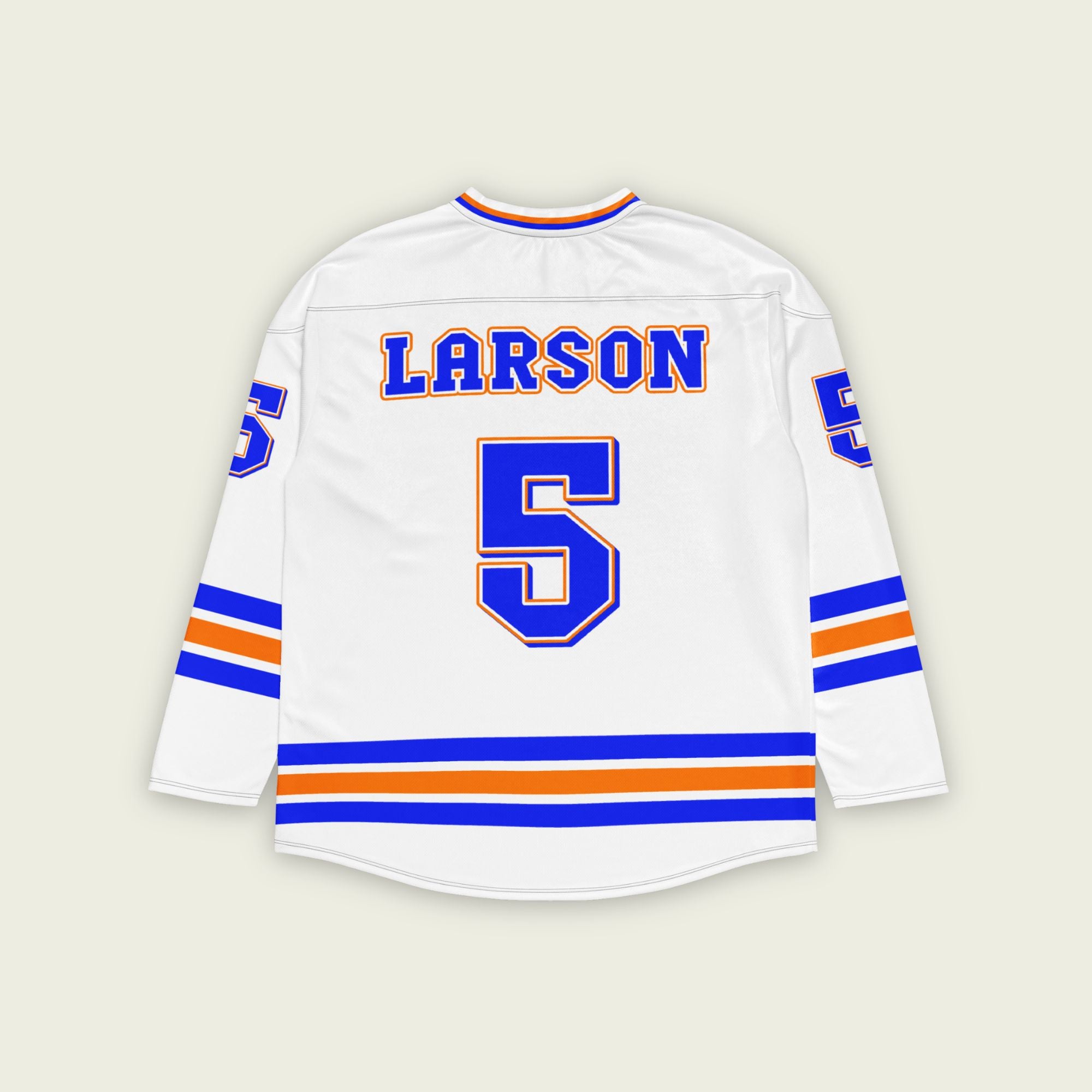 A white hockey jersey with Kyle Larson's nascar racing number 5 in blue with a orange outline. The name larson is also on the front and back.