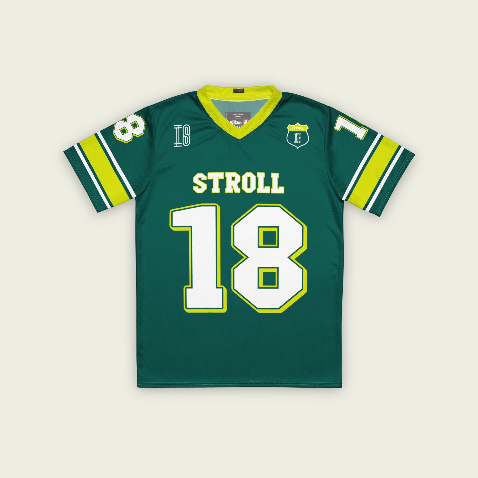 A british green and highlight yellow football jersey with Lance Stroll's Aston Martin F1 racing number 18 on the front and back. It has the name Stroll on the front and back as well in white with a yellow outline.