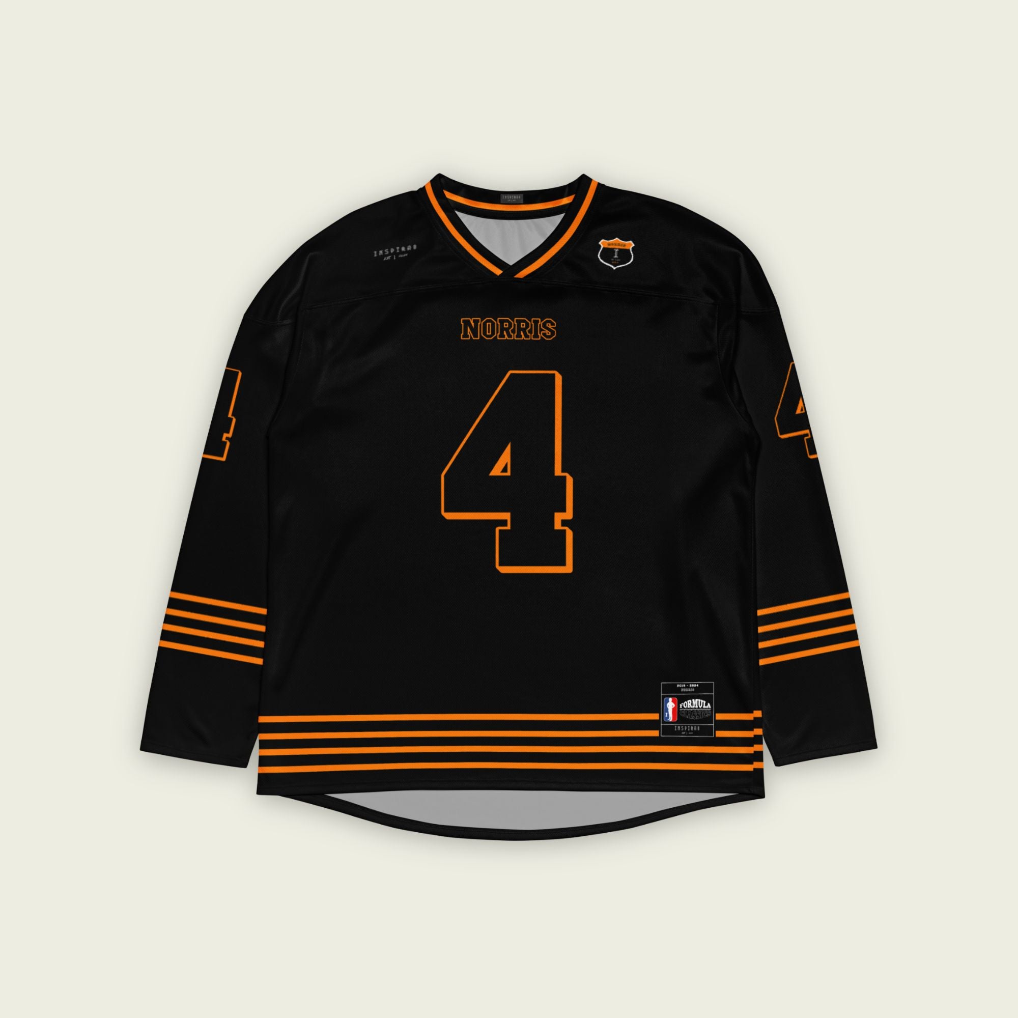 A black and papaya orange hockey jersey with orange stripes at the bottom, and Lando Norris's F1 racing number 4 on the front and back.