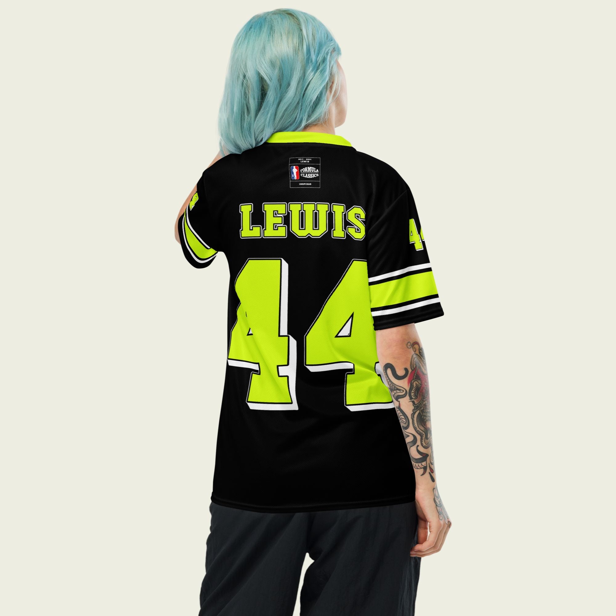 A black and highlight yellow football jersey with Lewis Hamilton F1 racing number 44 on the front and back in yellow. It has the name lewis on the front and back.
