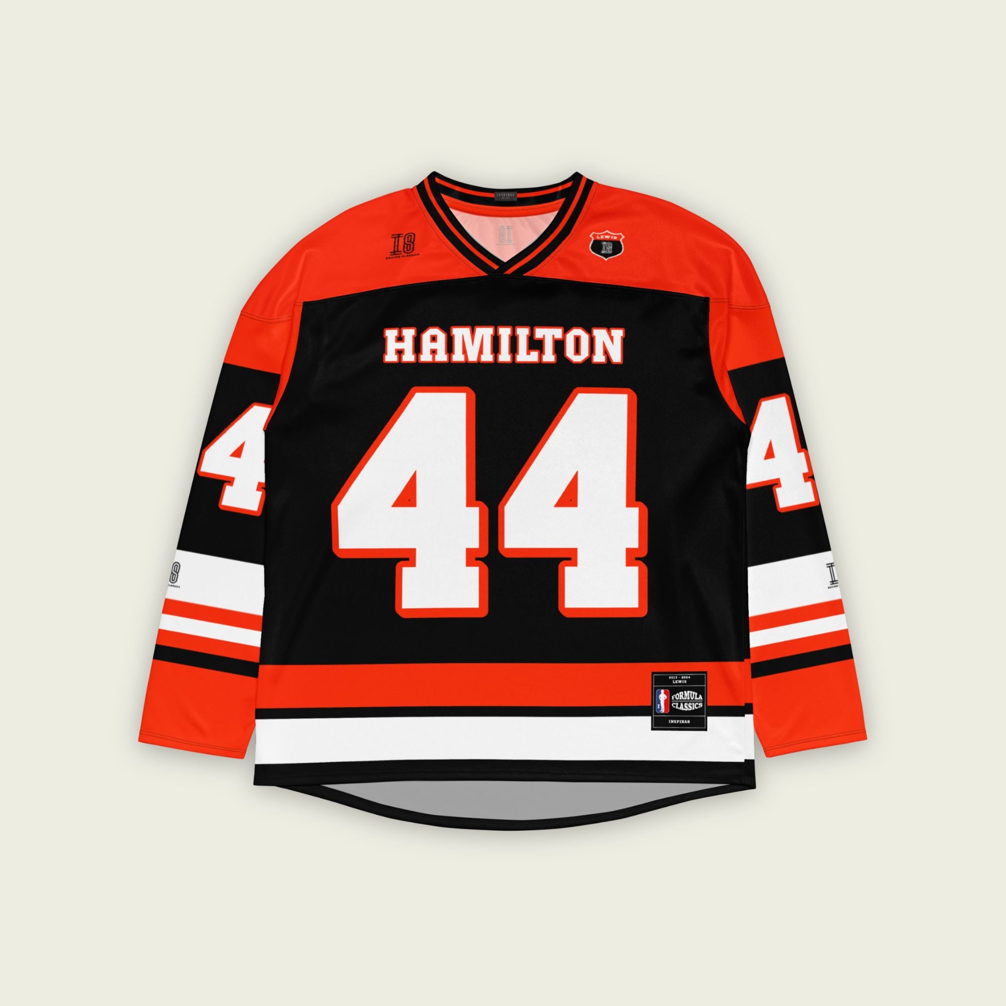 A red and black hockey jersey with Lewis Hamilton's F1 racing number 44 in white on the front and back. It has the name Hamilton on the back and front in white as well.