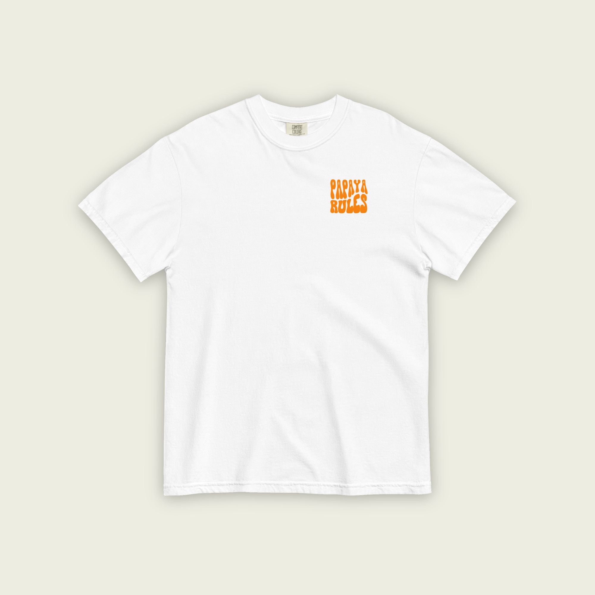 A white Tshirt with the text "Papaya Rules" Displayed in papaya orange.