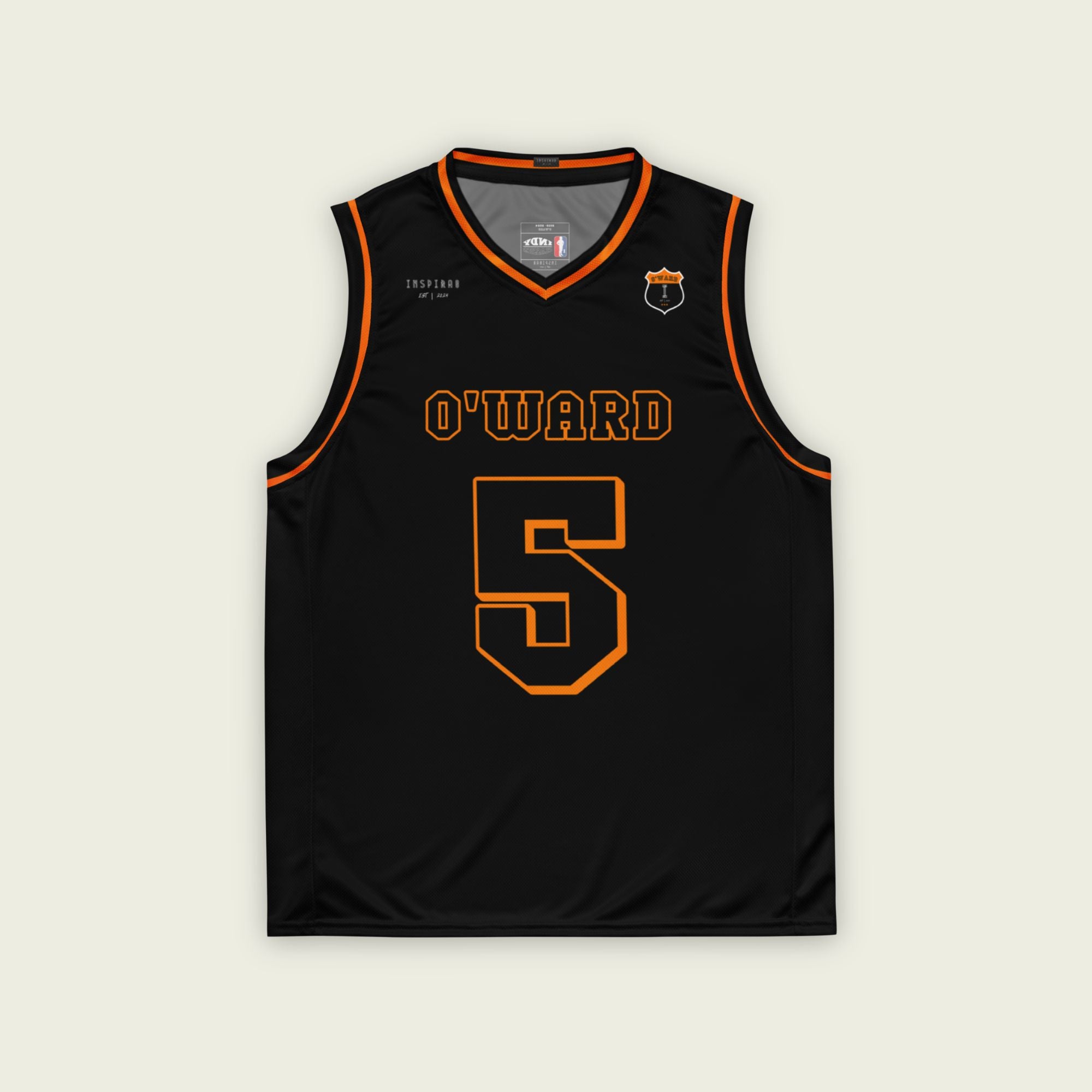 A black and orange outlined basketball Jersey with Pato O'Ward's Arrow McLaren Indycar racing number 5 on the front and back.